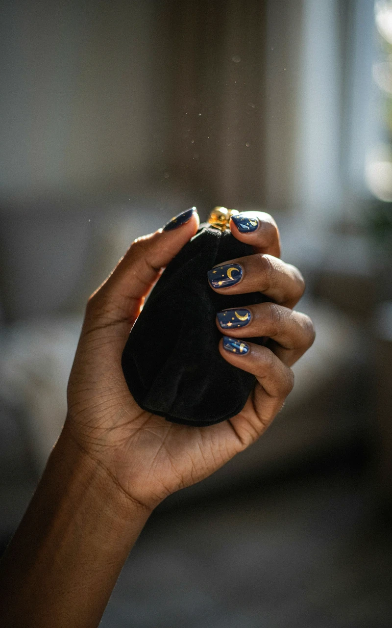 A dark brown woman's hand holding a black velvet clutch, featuring deep midnight blue nails decorated with gold foil stars and moons.