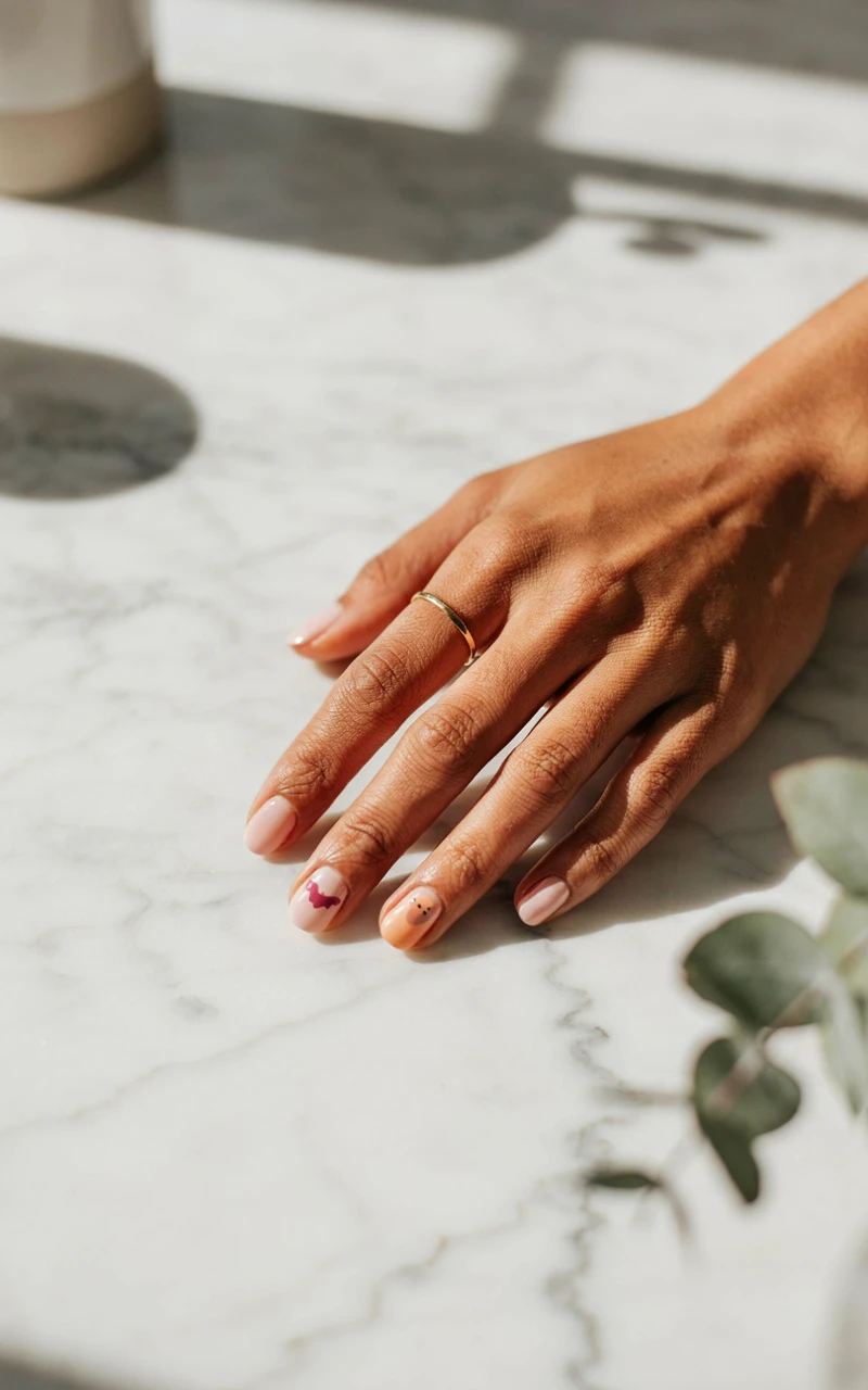 A dark brown woman's hand on a marble counter showing pastel pink and peach nails with a tiny pink bat and ghost.