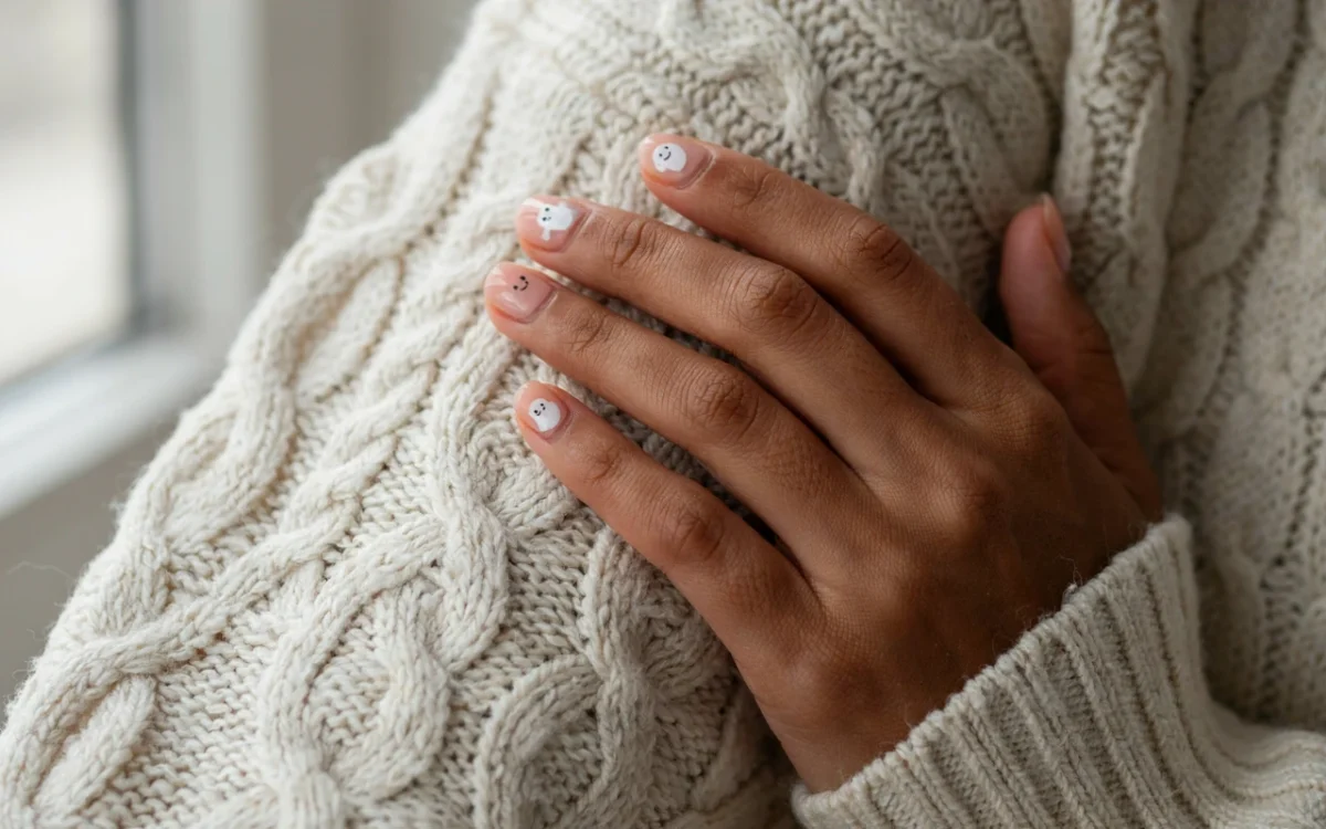 A dark brown woman's hand resting on a cream sweater showing off cute Halloween nails with tiny white ghosts on a nude base.
