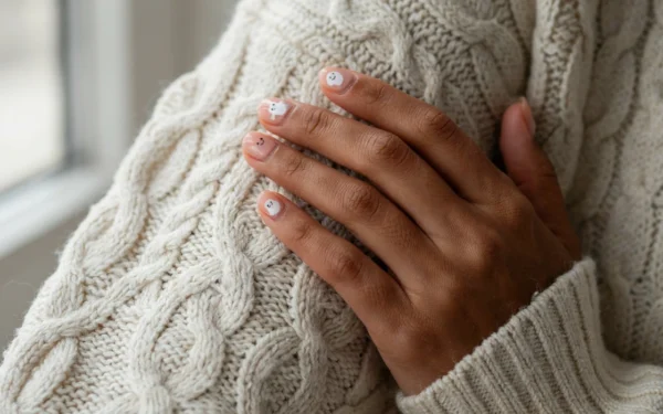 A dark brown woman's hand resting on a cream sweater showing off cute Halloween nails with tiny white ghosts on a nude base.