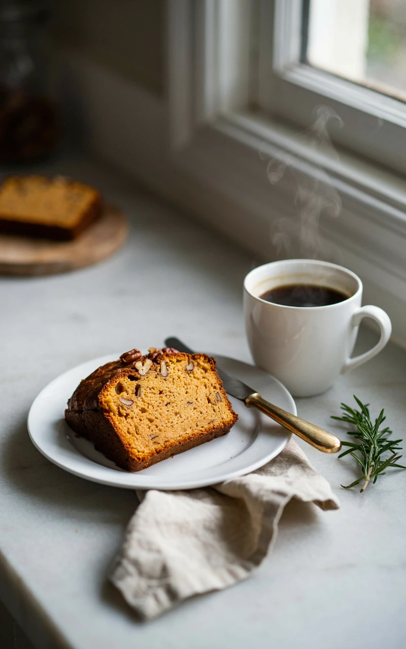 11 Easy Pumpkin Bread Recipes and Ideas for Cozy Fall Baking 2 A slice of classic pumpkin bread on a white plate next to a mug of coffee.