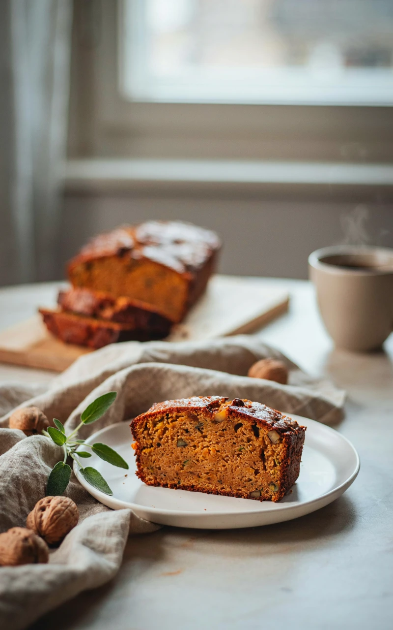 11 Easy Pumpkin Bread Recipes and Ideas for Cozy Fall Baking 11 A slice of pumpkin zucchini bread showing green flecks in the orange crumb.