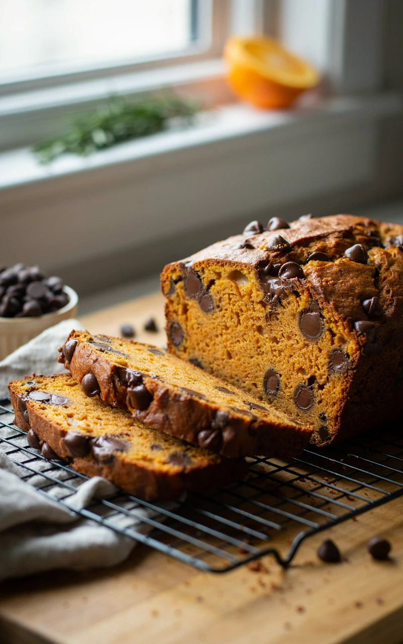 11 Easy Pumpkin Bread Recipes and Ideas for Cozy Fall Baking 3 A sliced loaf of pumpkin bread filled with melted chocolate chips on a cooling rack.