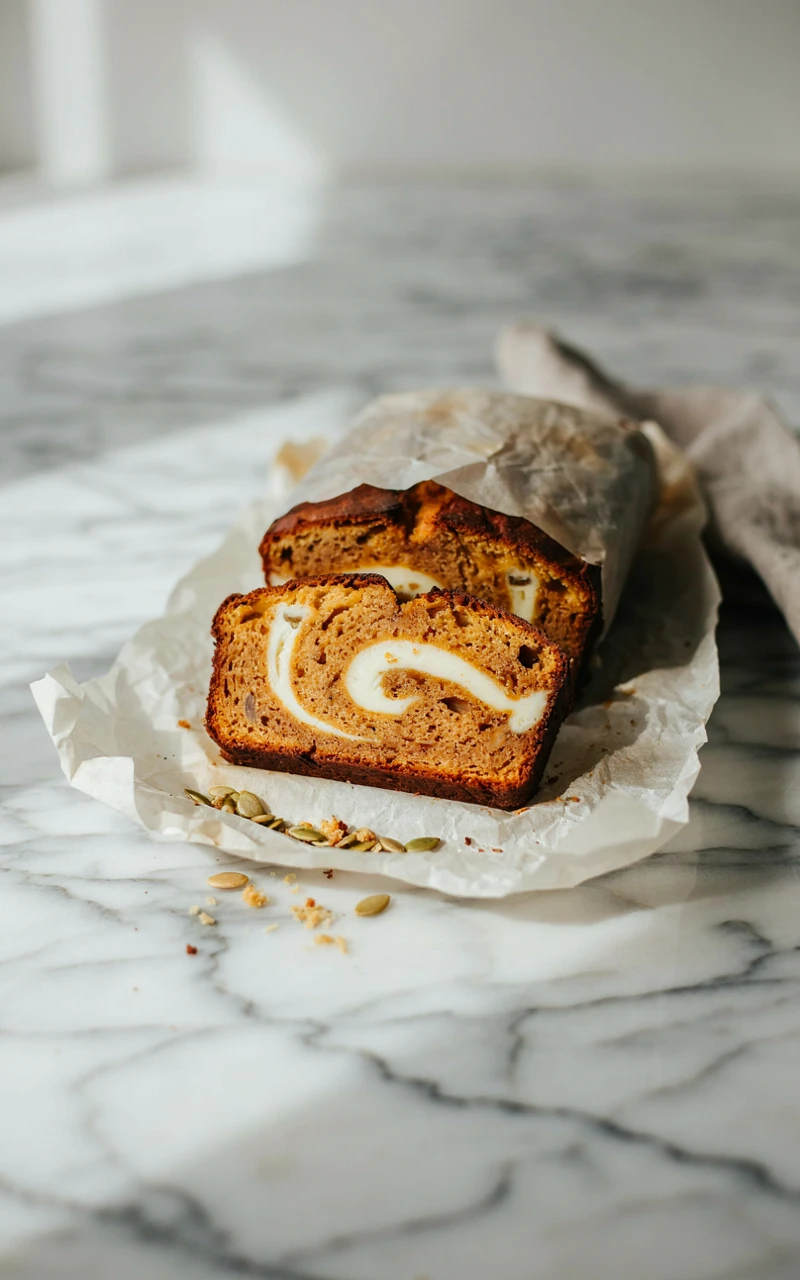 11 Easy Pumpkin Bread Recipes and Ideas for Cozy Fall Baking 4 A slice of pumpkin bread showing a thick cream cheese swirl in the center.
