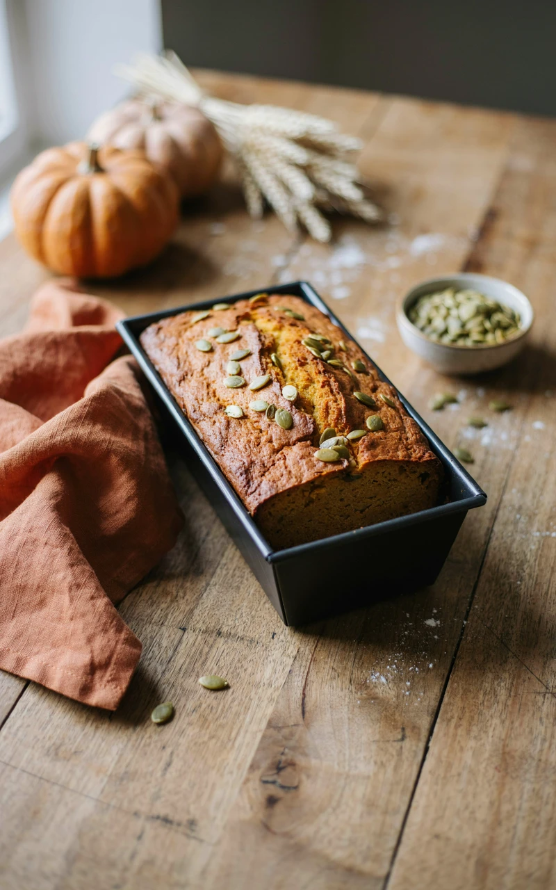 11 Easy Pumpkin Bread Recipes and Ideas for Cozy Fall Baking 5 A loaf of vegan pumpkin bread topped with pepitas in a black loaf pan.