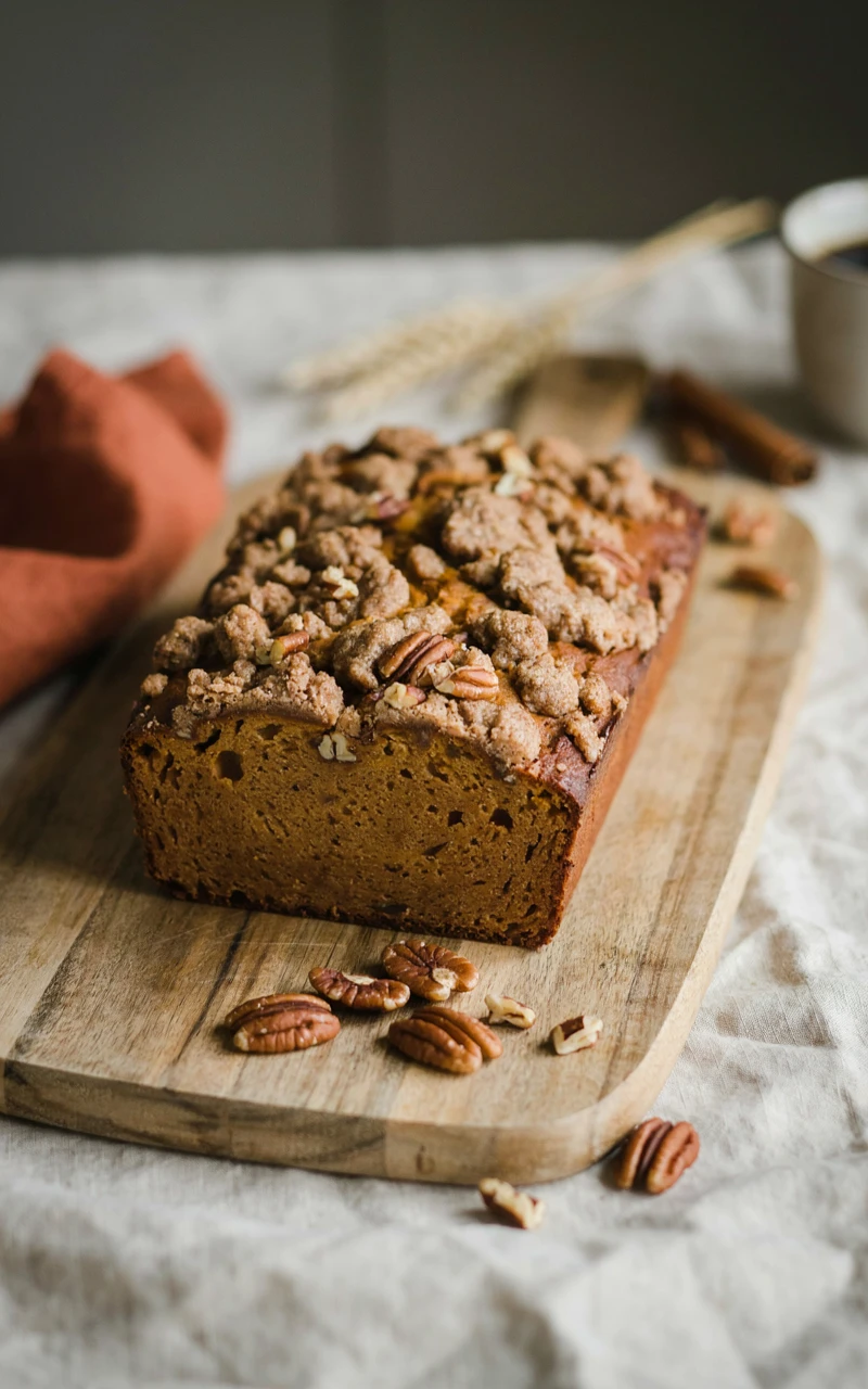 11 Easy Pumpkin Bread Recipes and Ideas for Cozy Fall Baking 7 A loaf of pumpkin bread topped with a thick brown sugar streusel crust.
