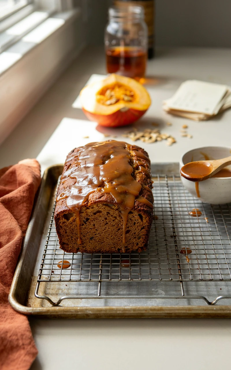 11 Easy Pumpkin Bread Recipes and Ideas for Cozy Fall Baking 8 A loaf of pumpkin bread covered in a dripping maple glaze on a wire rack.