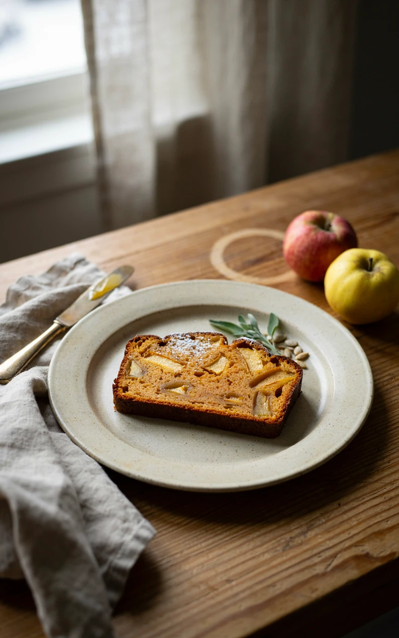 11 Easy Pumpkin Bread Recipes and Ideas for Cozy Fall Baking 9 A slice of pumpkin bread filled with baked apple chunks on a stoneware plate.