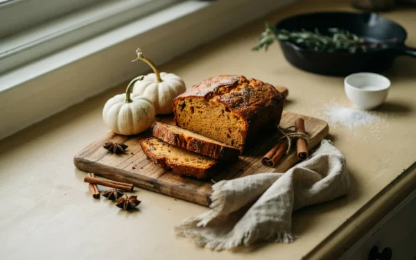 A sliced loaf of easy pumpkin bread on a wooden board surrounded by cinnamon sticks and small white pumpkins.