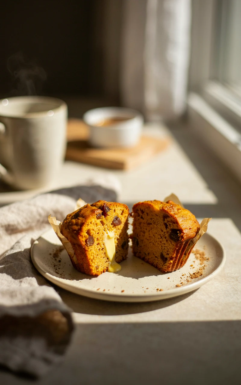 A warm, split pumpkin muffin with melting butter on a white ceramic plate.