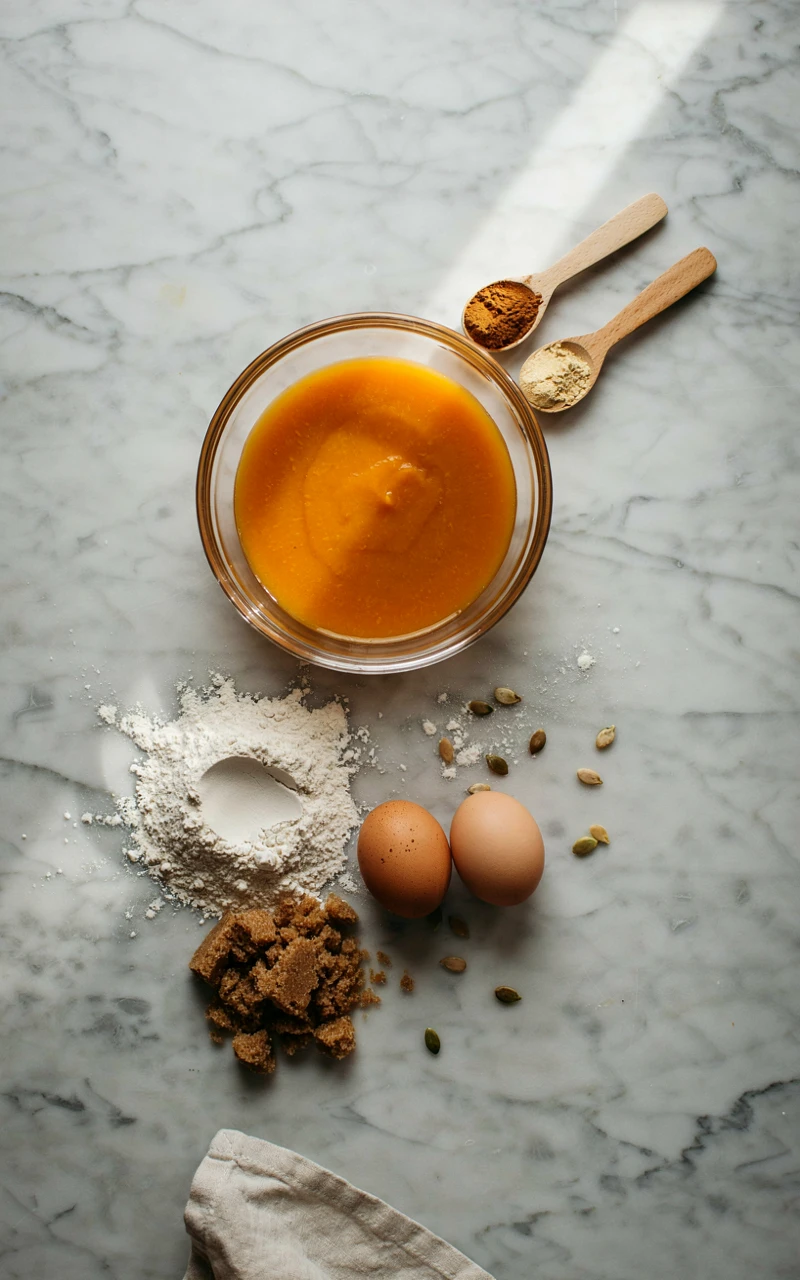 Baking ingredients including pumpkin puree, spices, flour, and eggs laid out on a marble counter.