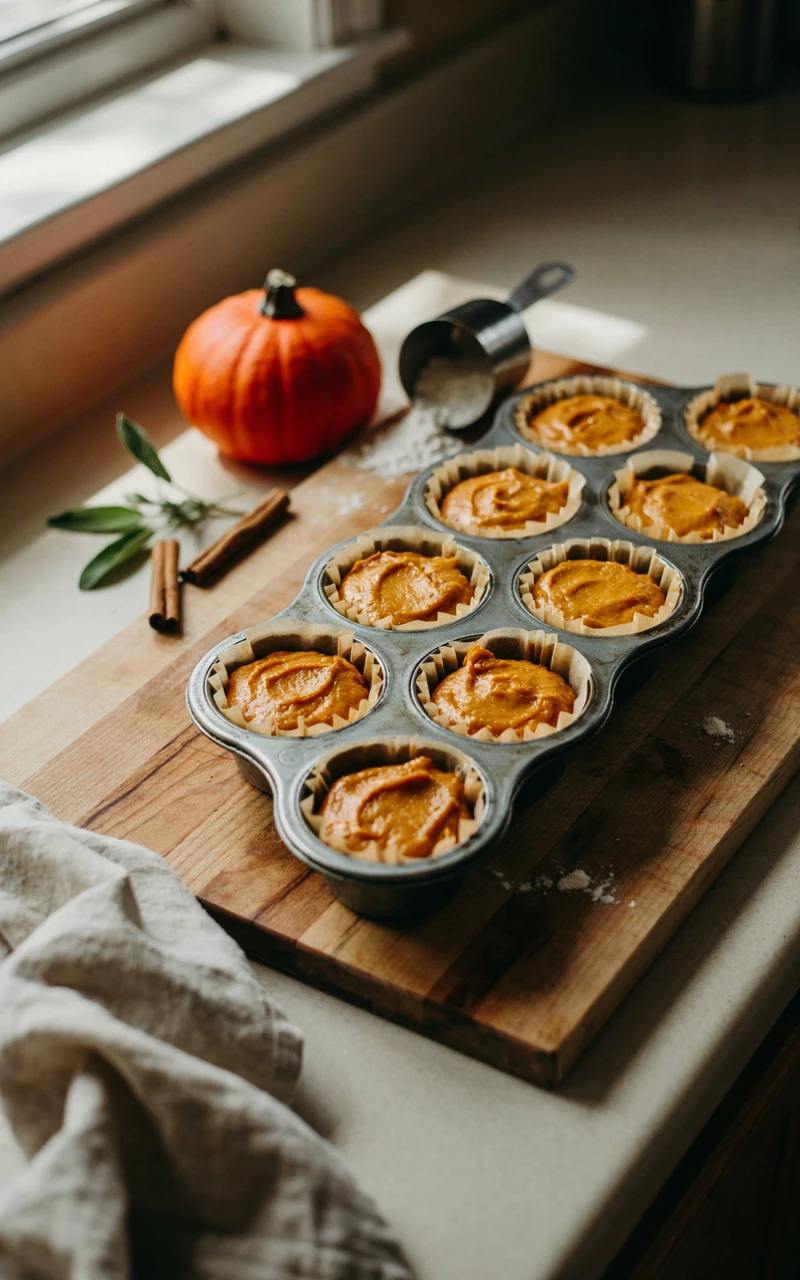 A metal muffin tin filled with orange pumpkin batter ready for the oven.