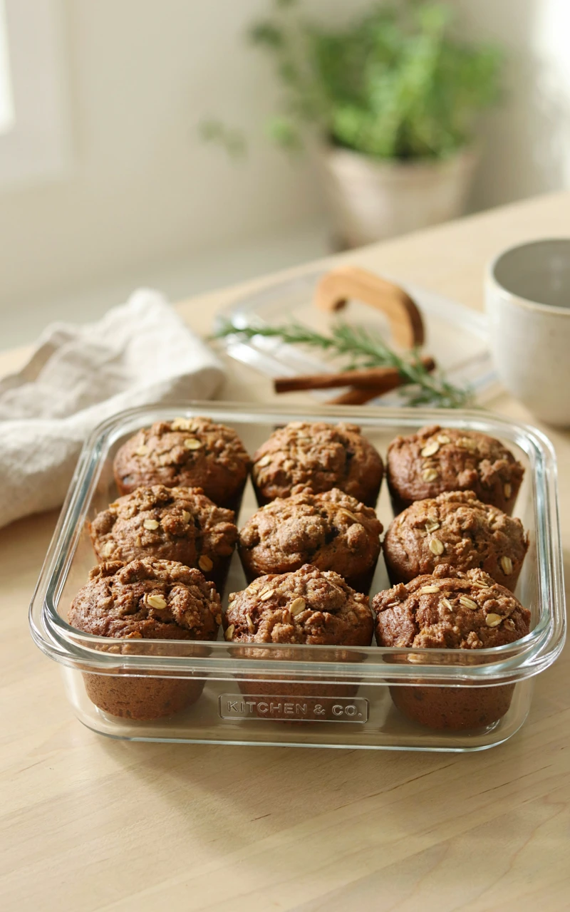 Baked pumpkin muffins stored neatly in a clear glass airtight container.