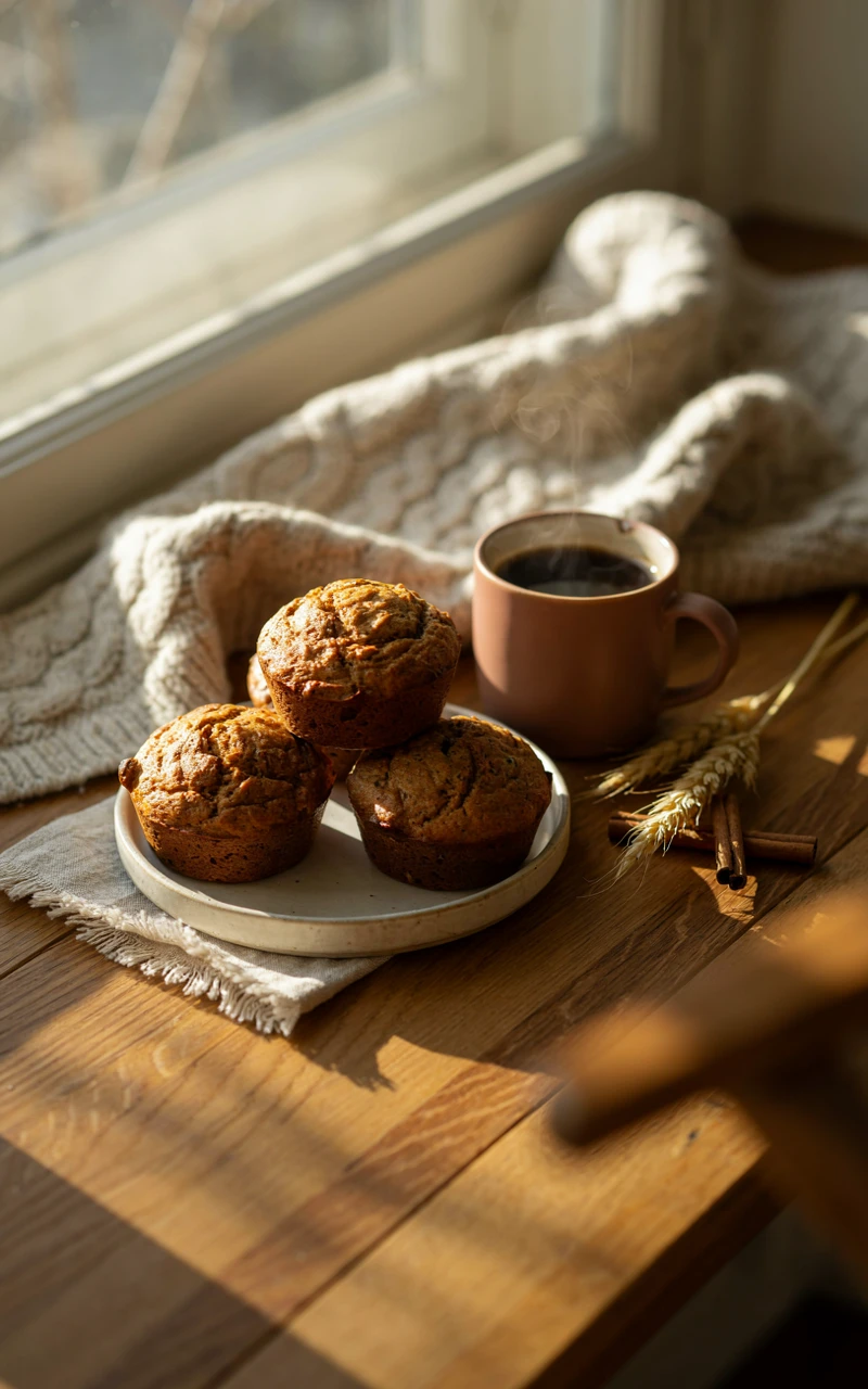 A stack of pumpkin muffins on a plate next to a steaming mug of coffee.
