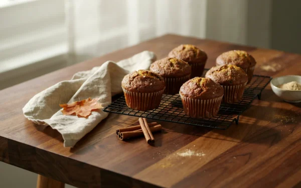 A batch of freshly baked easy pumpkin muffins on a wire cooling rack surrounded by cinnamon sticks.