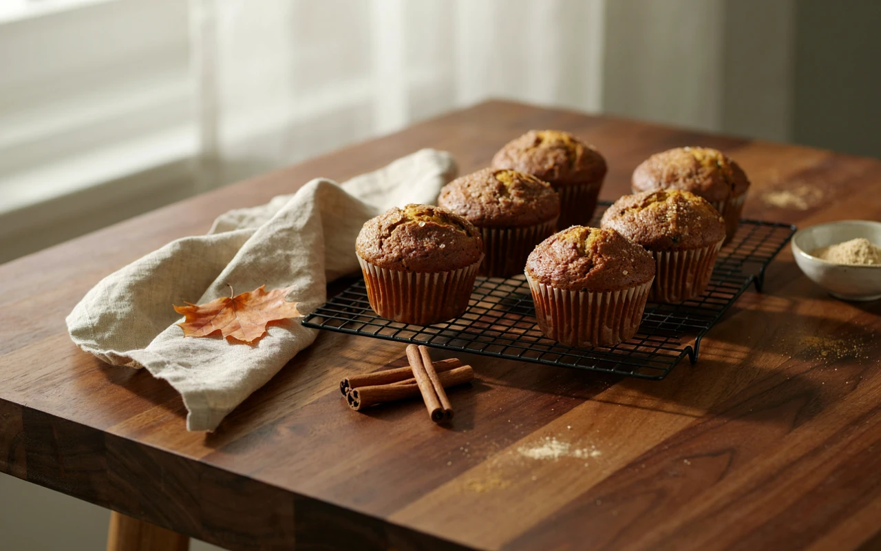 A batch of freshly baked easy pumpkin muffins on a wire cooling rack surrounded by cinnamon sticks.