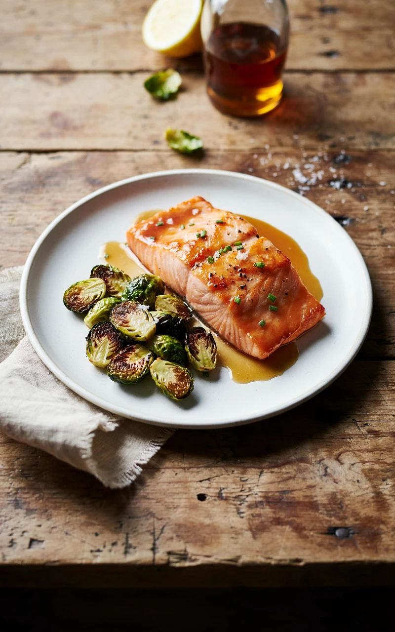 7 Healthy Fall Dinner Ideas for Busy Weeknights 2 A white plate with maple mustard glazed salmon and roasted Brussels sprouts on a wooden table.