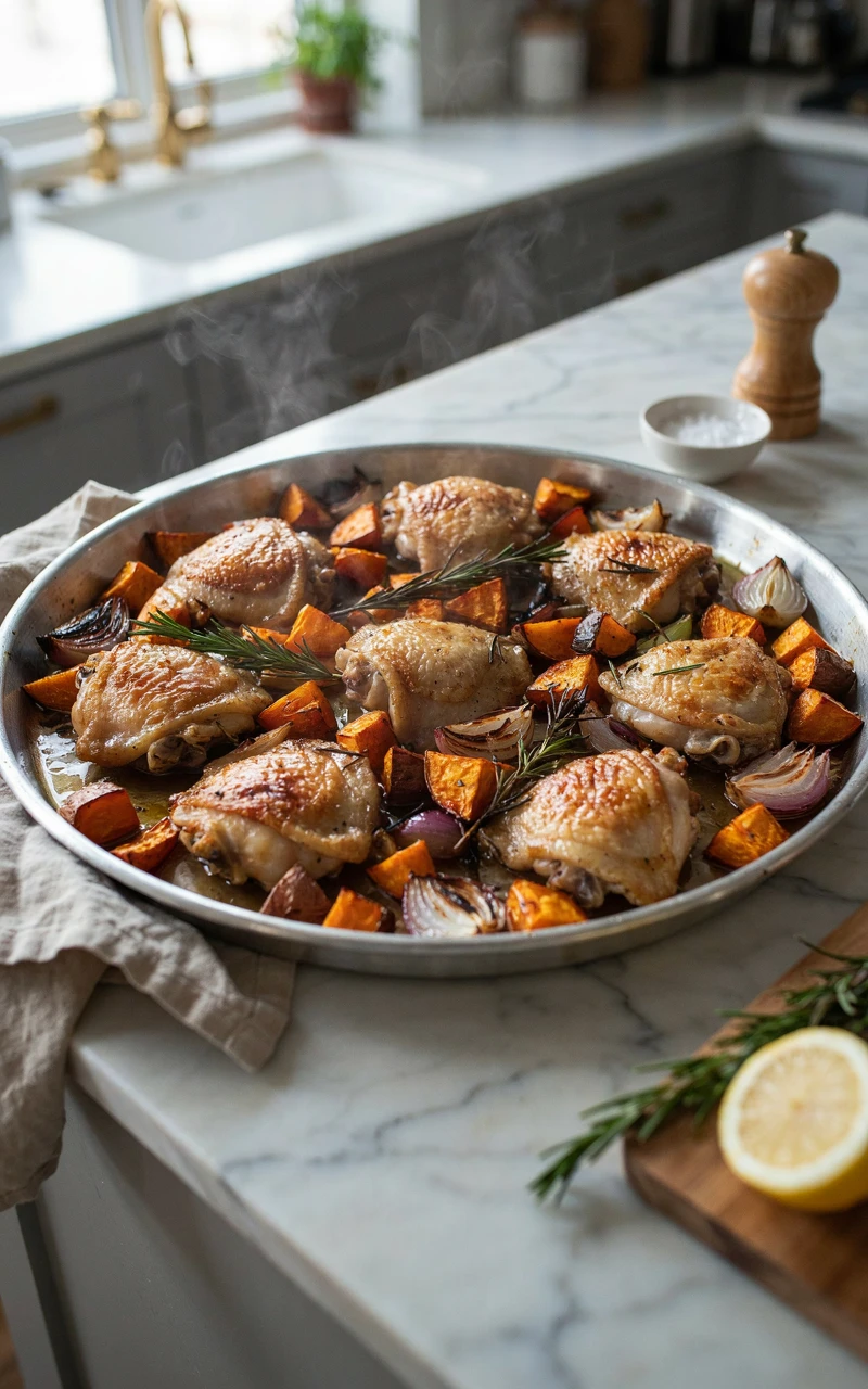 7 Healthy Fall Dinner Ideas for Busy Weeknights 3 A sheet pan filled with roasted chicken thighs, sweet potatoes, and red onions garnished with rosemary.
