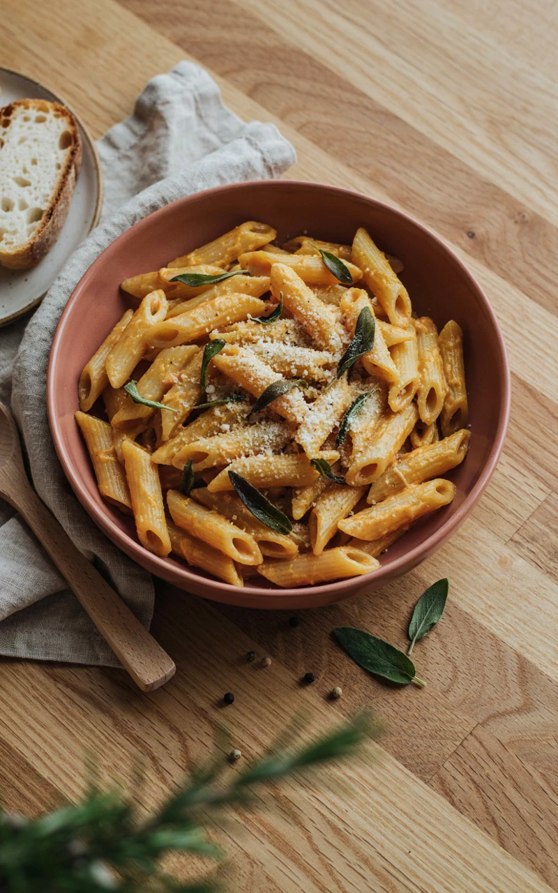 7 Healthy Fall Dinner Ideas for Busy Weeknights 4 A bowl of penne pasta in a creamy butternut squash sauce topped with crispy sage leaves.