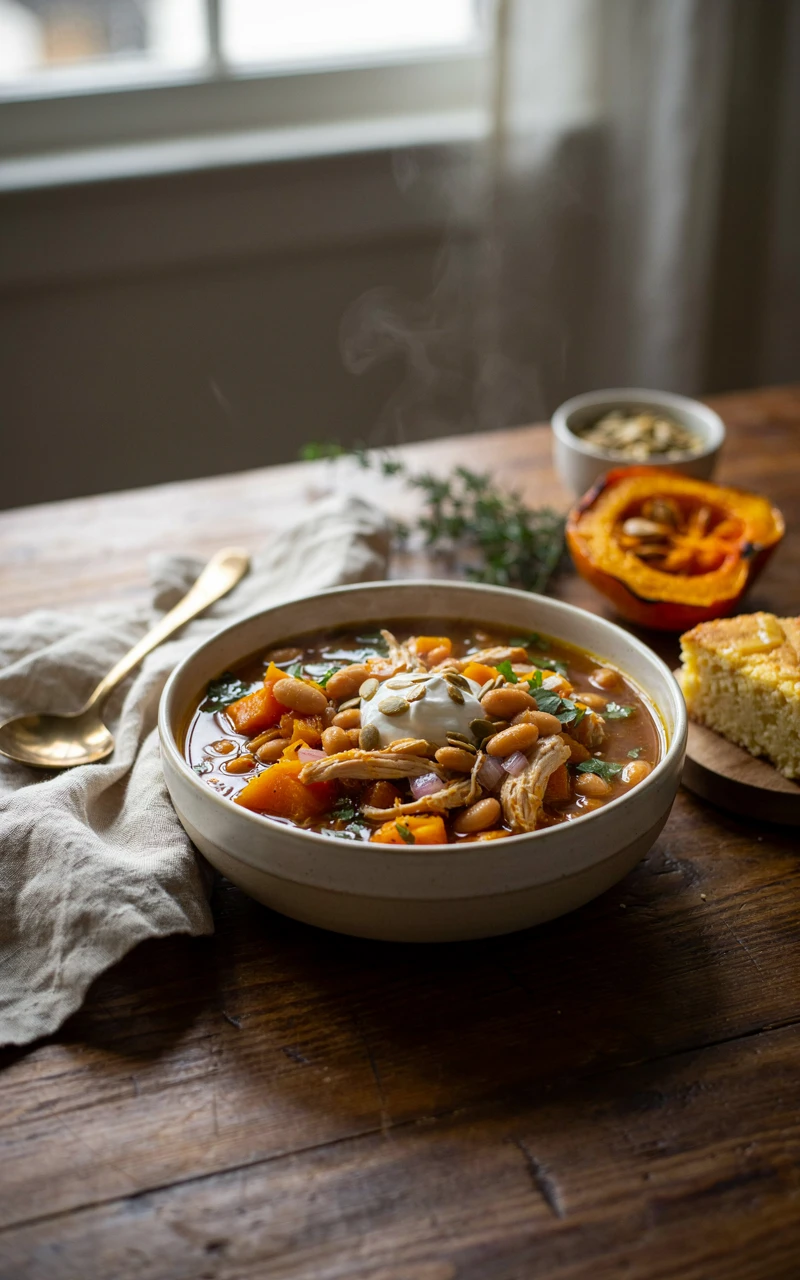 7 Healthy Fall Dinner Ideas for Busy Weeknights 5 A bowl of turkey and white bean pumpkin chili garnished with pumpkin seeds next to cornbread.