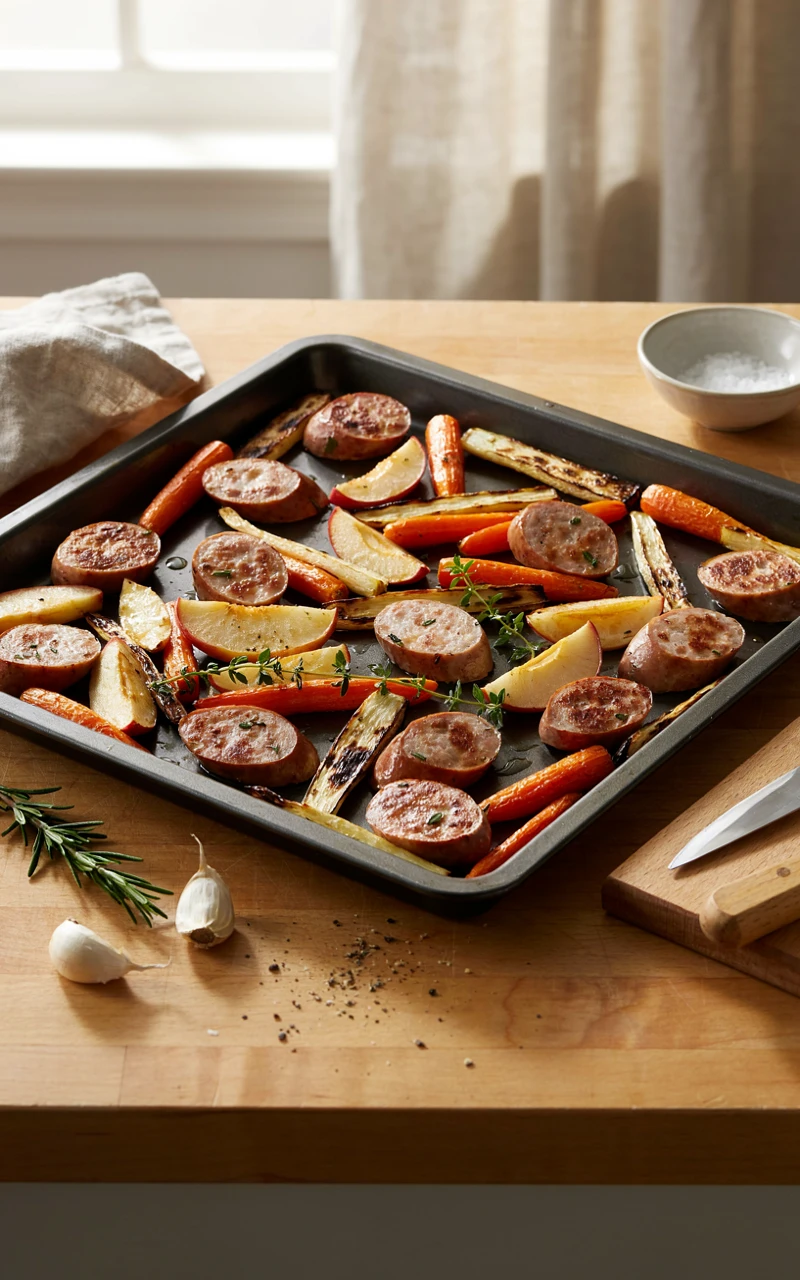 7 Healthy Fall Dinner Ideas for Busy Weeknights 6 A sheet pan meal with sliced chicken sausage, roasted apples, carrots, and parsnips.