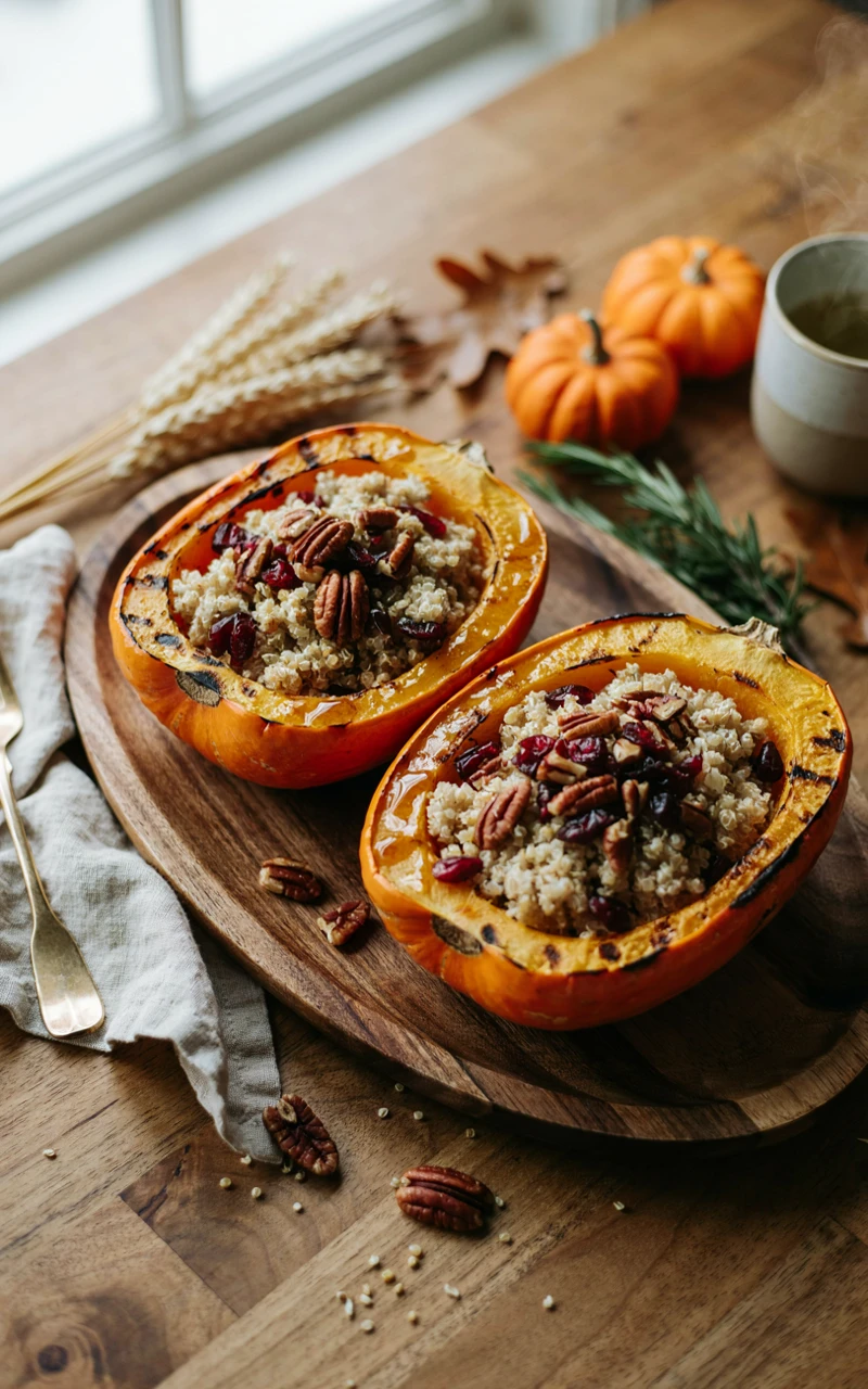 7 Healthy Fall Dinner Ideas for Busy Weeknights 7 Roasted acorn squash halves stuffed with quinoa, cranberries, and pecans on a serving platter.