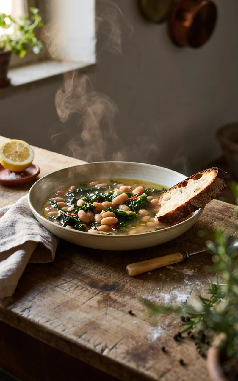 7 Healthy Fall Dinner Ideas for Busy Weeknights 8 A bowl of Tuscan white bean and kale soup with a slice of crusty bread on a wooden table.