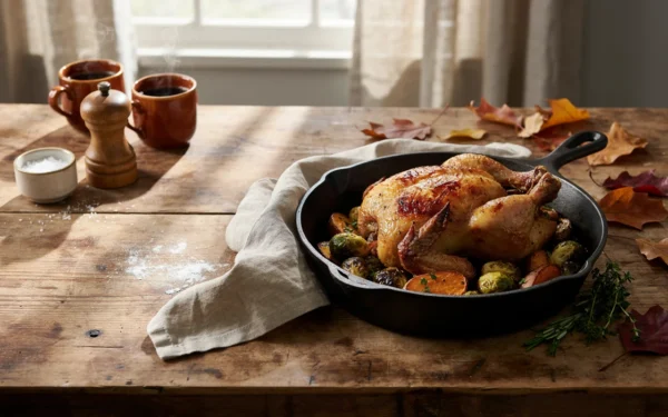 A rustic cast iron skillet filled with roasted chicken and sweet potatoes, showcasing healthy fall dinner ideas for busy weeknights.