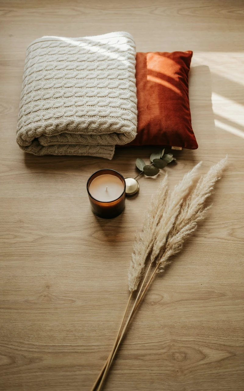 A flat lay of minimalist fall decor essentials including a knit blanket, velvet pillow, and amber candle.
