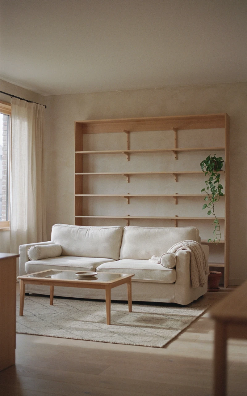 A clean, decluttered living room with empty wooden shelves and clear surfaces.