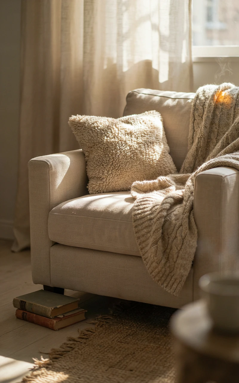 A close-up of a cozy cream armchair draped with a thick knit blanket and a bouclé pillow.