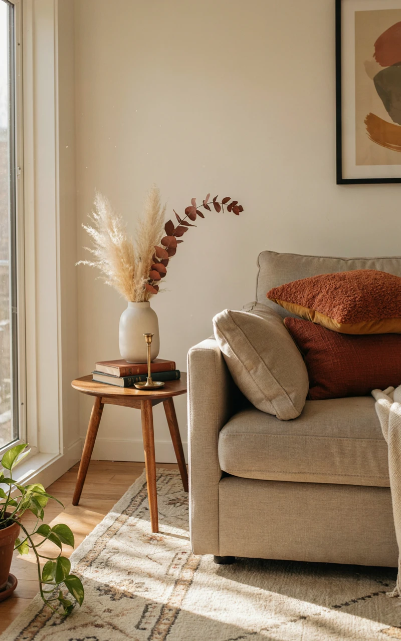 A neutral sofa styled with terracotta, mustard, and rust colored throw pillows.