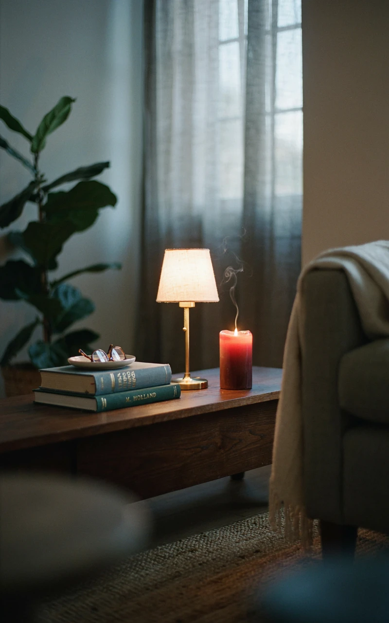 A brass table lamp and a lit amber glass candle providing warm ambient lighting on a wooden table.