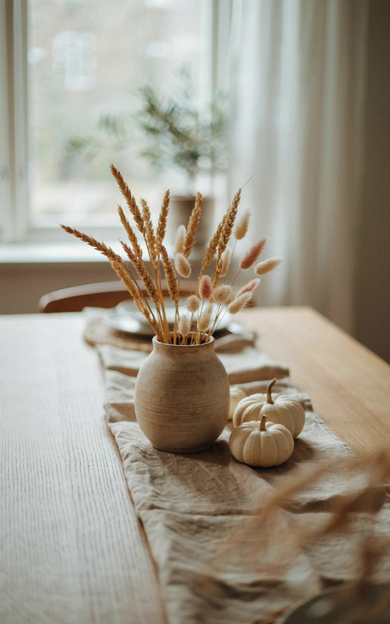 A ceramic vase of dried wheat and small white pumpkins arranged on a dining table.