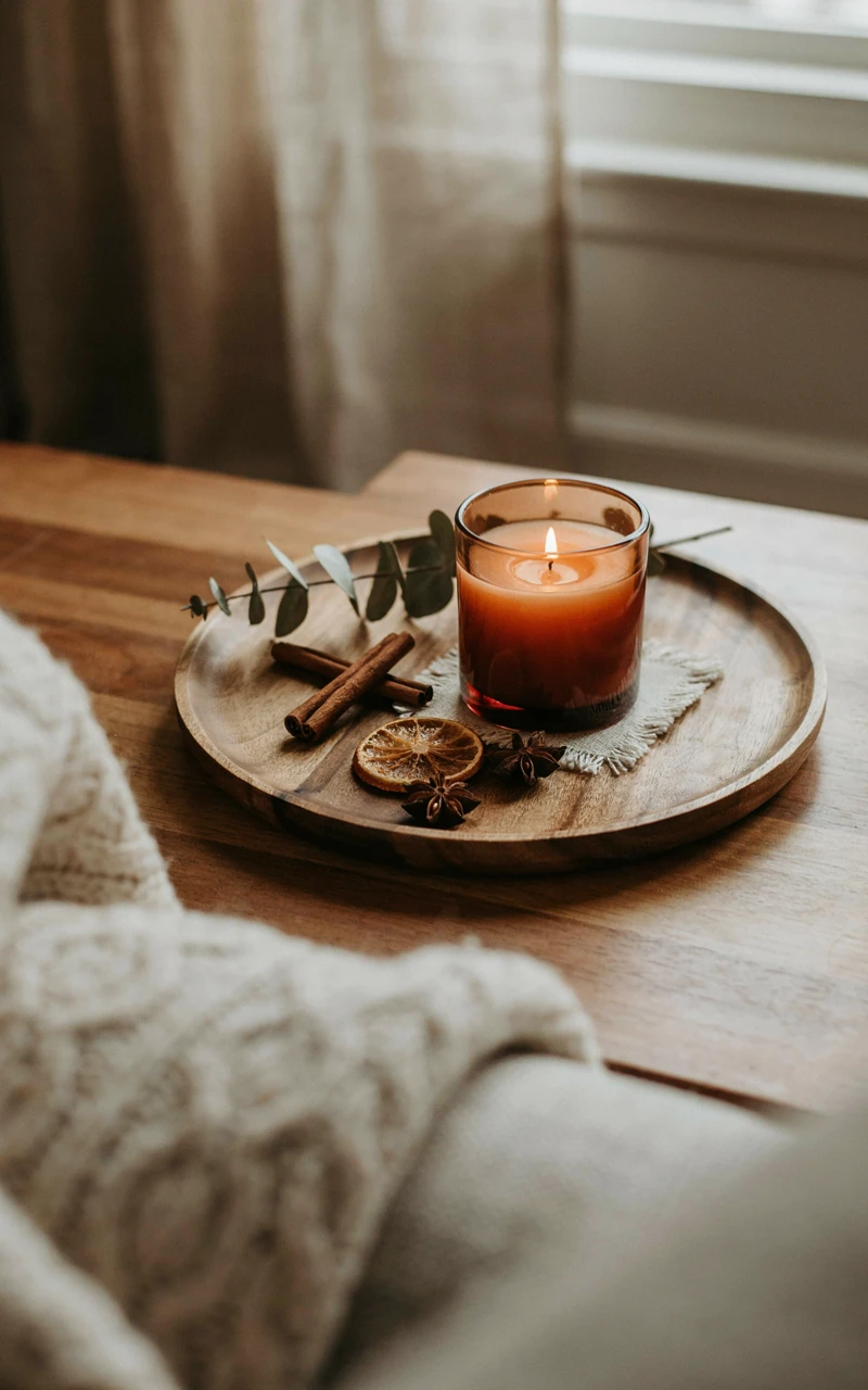 An amber glass candle burning on a wooden coffee table tray with cinnamon sticks.