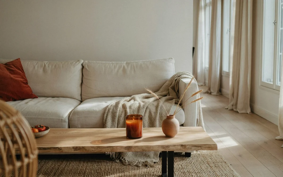 A minimalist living room featuring cozy fall home decor with a rust velvet pillow and dried wheat on a wooden table.