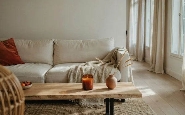 A minimalist living room featuring cozy fall home decor with a rust velvet pillow and dried wheat on a wooden table.