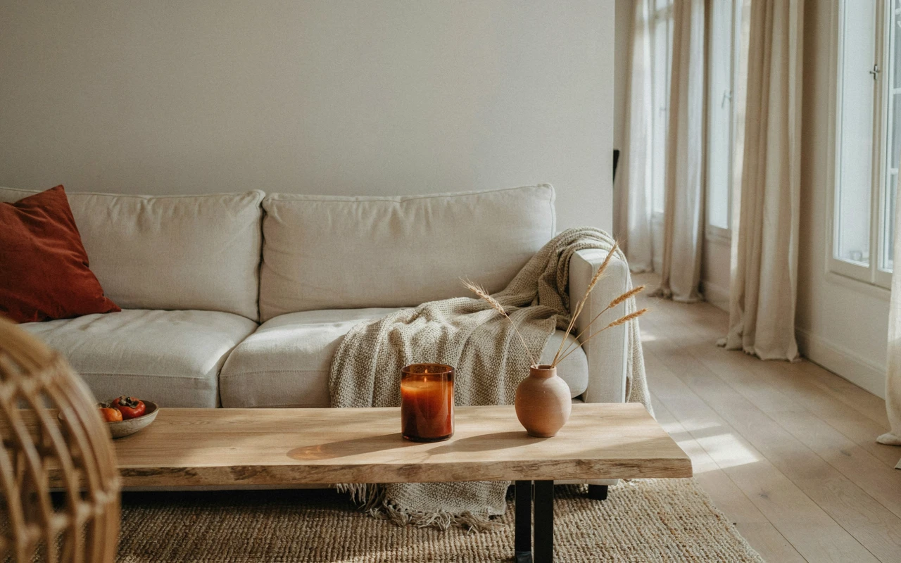 A minimalist living room featuring cozy fall home decor with a rust velvet pillow and dried wheat on a wooden table.
