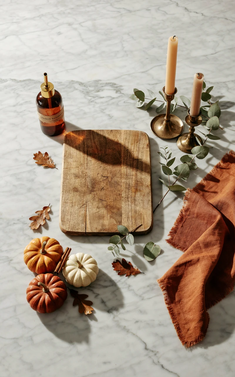 How to Style Fall Kitchen Decor for a Warm, Inviting Space 2 Collection of fall kitchen decor accents including cutting boards, linen towels, and mini pumpkins.