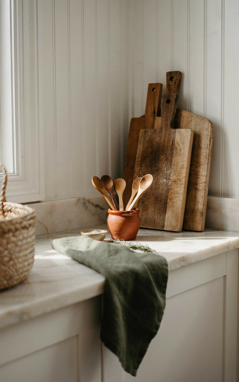 How to Style Fall Kitchen Decor for a Warm, Inviting Space 5 Layered wooden cutting boards and ceramic utensil crock bringing earthy fall tones to kitchen counters.