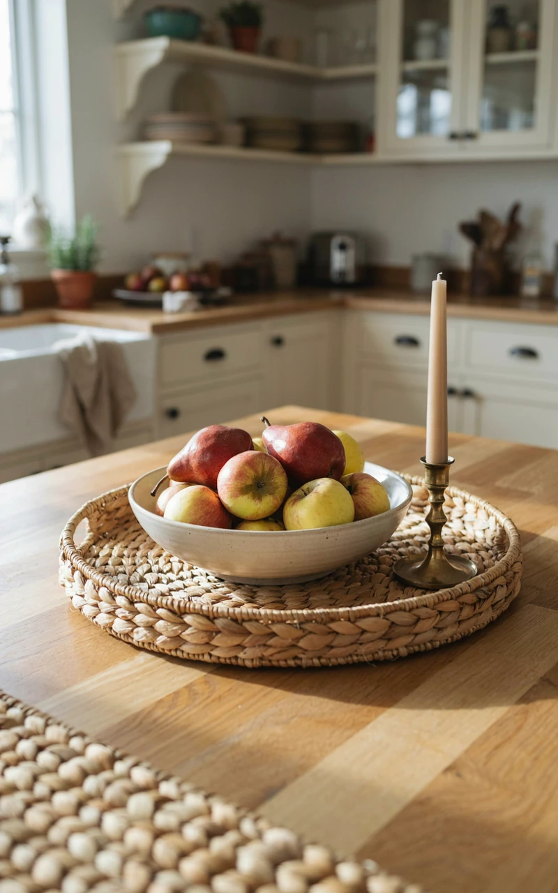 How to Style Fall Kitchen Decor for a Warm, Inviting Space 7 Woven tray with fresh seasonal fruit bowl and brass candle creating a fall kitchen decor focal point.