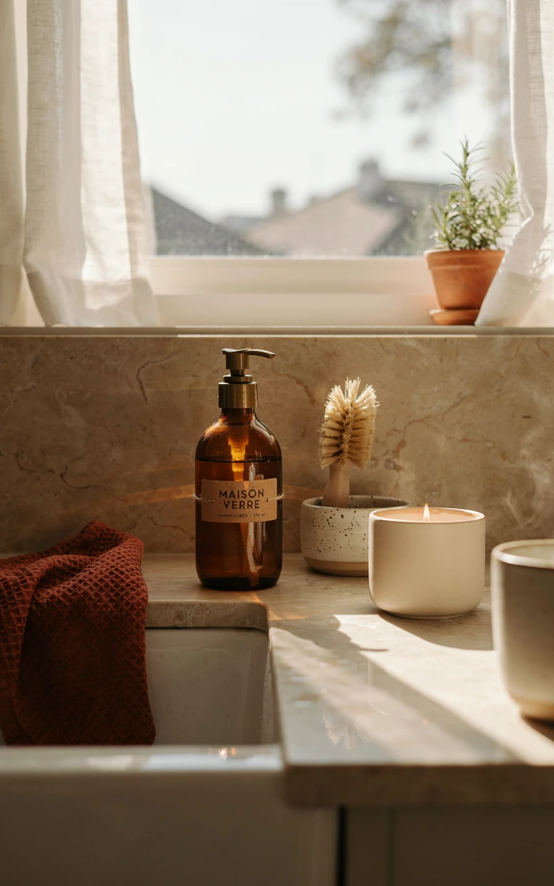 How to Style Fall Kitchen Decor for a Warm, Inviting Space 9 Fall kitchen sink vignette with amber glass soap dispensers, waffle hand towel, and glowing candle.