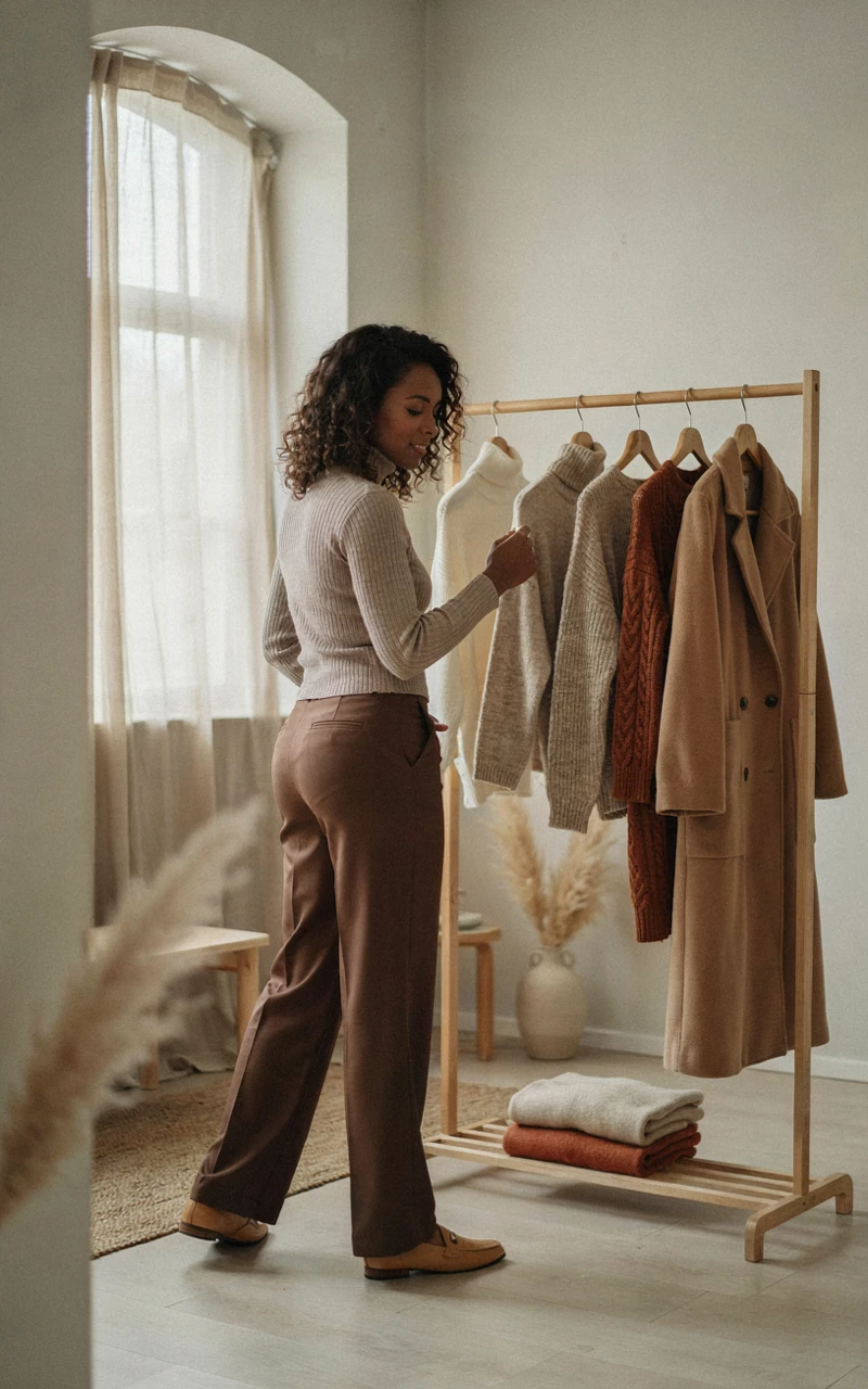 How to Style Fall Outfits for Women With Simple Layering 2 A dark brown woman organizing her essential fall layering wardrobe on a minimalist clothing rack.