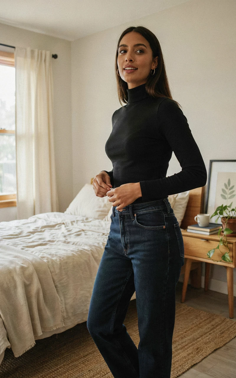 How to Style Fall Outfits for Women With Simple Layering 5 A dark brown woman wearing a fitted black turtleneck and jeans as a base layer for a fall outfit.