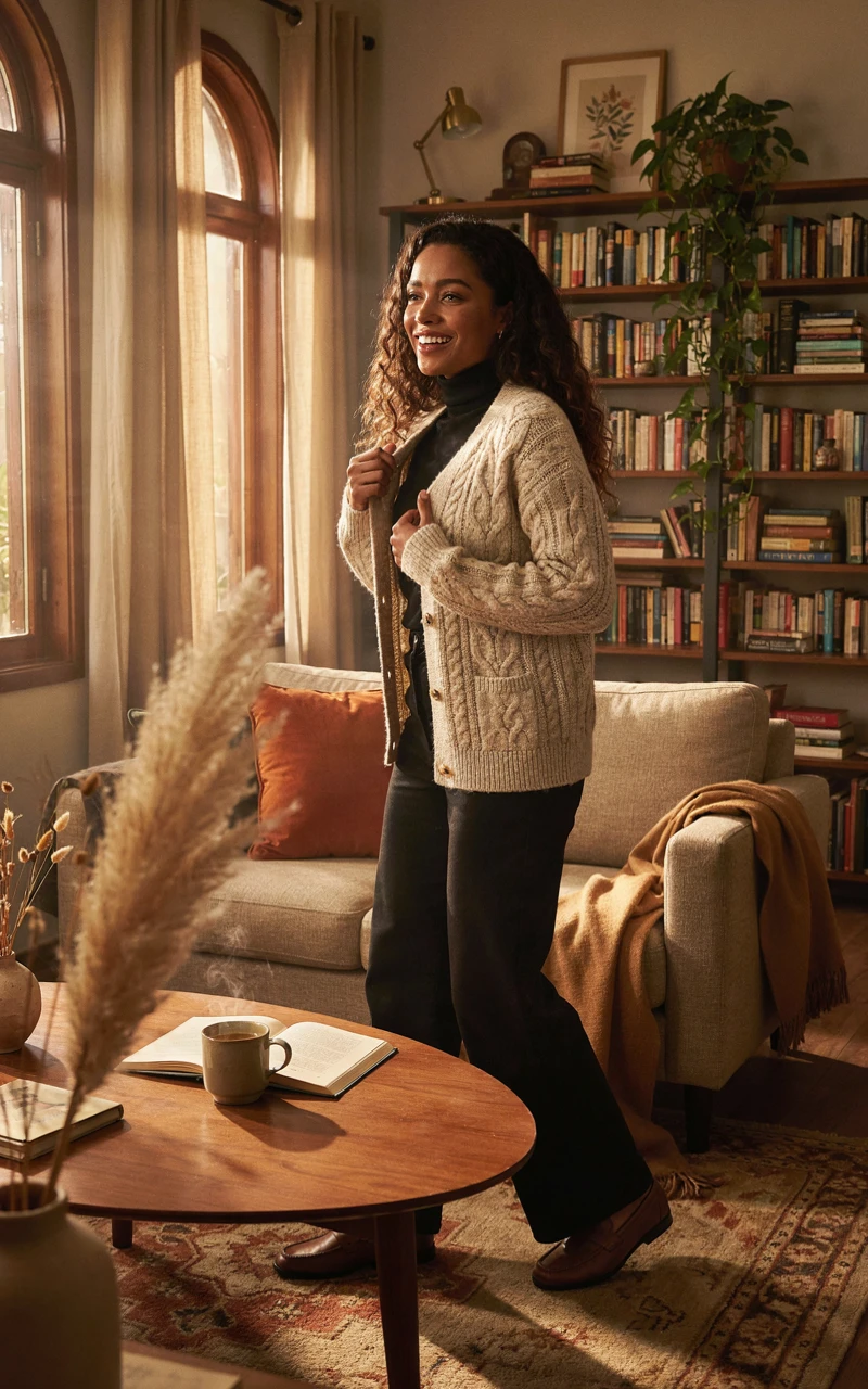 How to Style Fall Outfits for Women With Simple Layering 6 A dark brown woman adding a chunky knit cream sweater over a turtleneck for a cozy fall mid-layer.