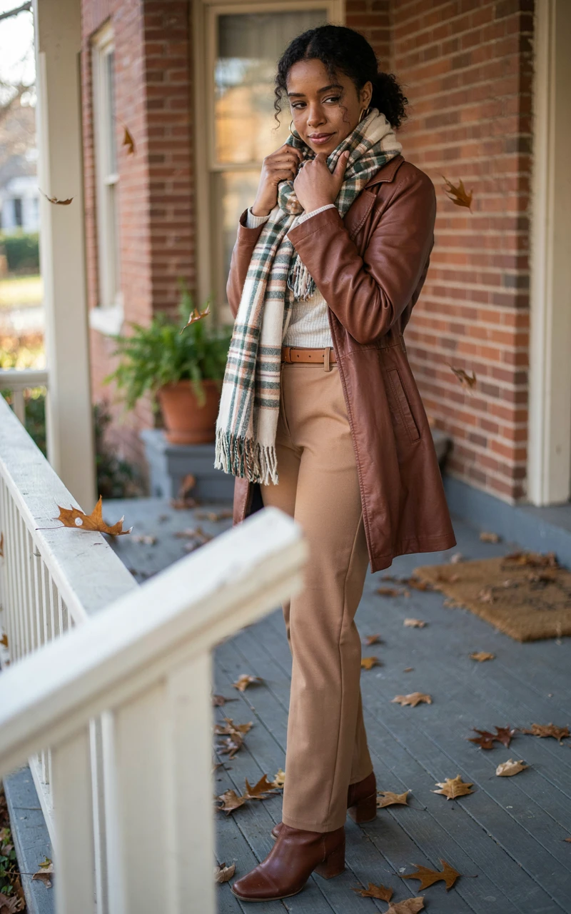 How to Style Fall Outfits for Women With Simple Layering 8 A dark brown woman finishing her layered fall outfit by adding a plaid blanket scarf.