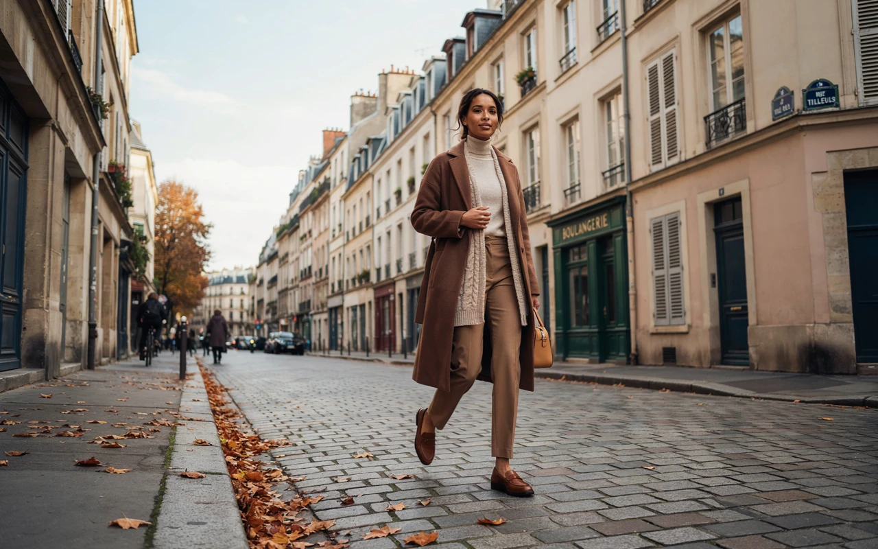 How to Style Fall Outfits for Women With Simple Layering 1 Fall Outfits for Women: A stylish dark brown woman walking outdoors wearing a beautifully layered fall outfit with a turtleneck, sweater, and coat.