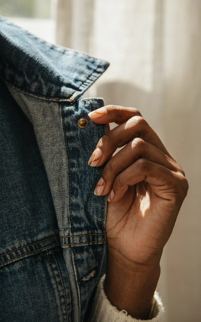 Short nails with caramel swirl designs on a dark brown woman's hand.