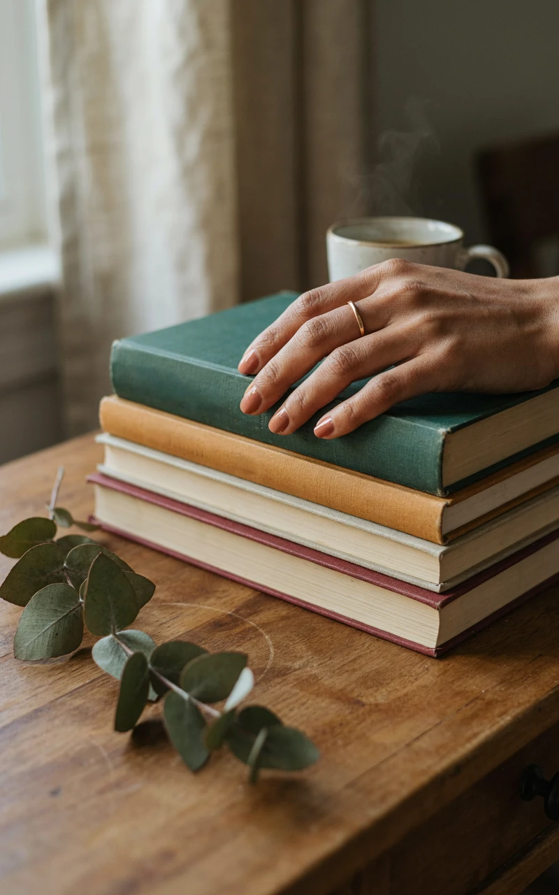 Short terracotta nails on a dark brown woman's hand resting on books.