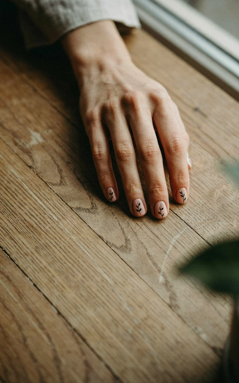 Short nude nails with minimalist leaf outlines on a dark brown woman's hand.